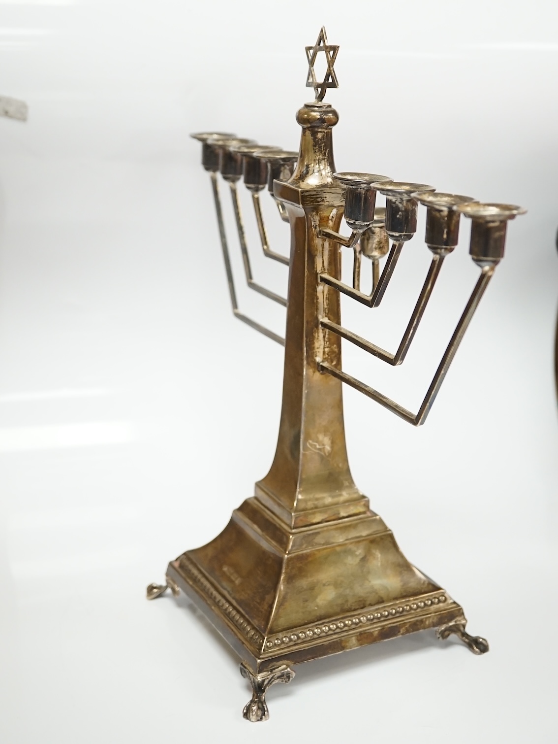 An Elizabeth II silver Hanukkah Menorah, by Alexander Smith, Birmingham, 1963, height 27cm, 12.3oz. Condition - fair to good